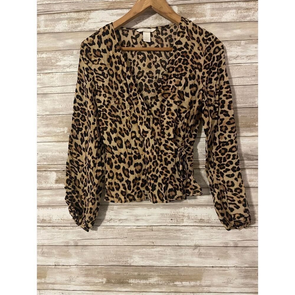 H&M Cheetah Leopard Print Long Sleeve Cropped Wrap Top Women's Size 4​